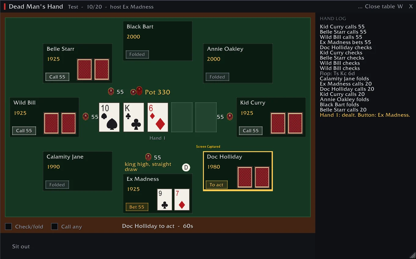 A seven-seat table mid-hand: the flop out, chips and bets on the felt, the hand log beside it