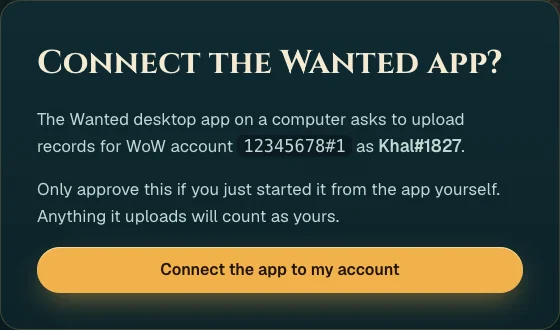 The page asking Connect the Wanted app?, naming the WoW account and your name, with a Connect the app to my account button