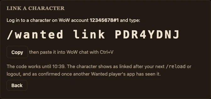 The app's Link a character page showing /wanted link and a code, with a Copy button