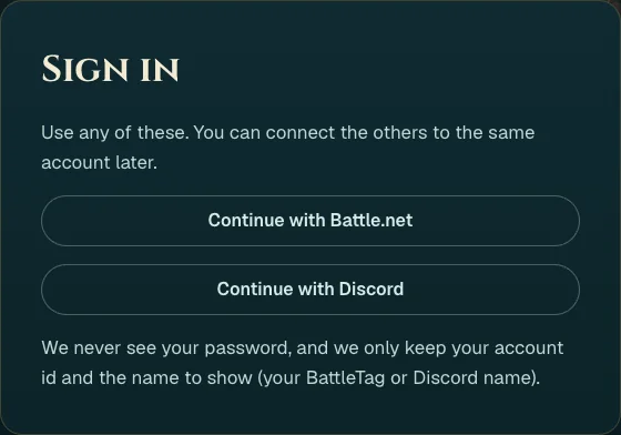 This site's sign-in page with Continue with Battle.net and Continue with Discord buttons