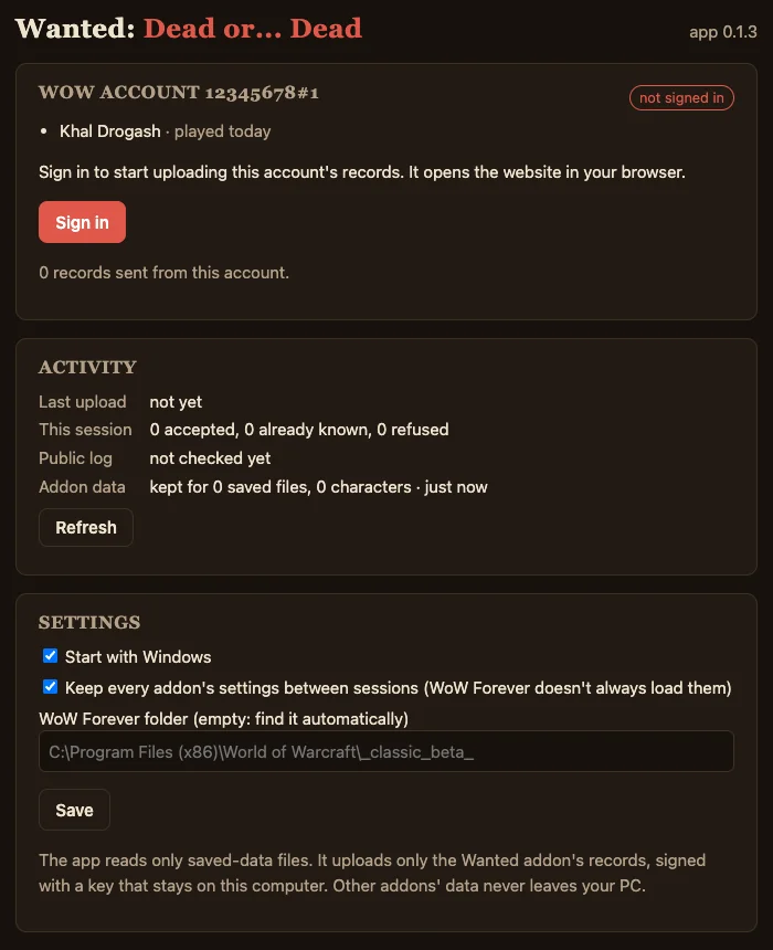 The Wanted app's window: a card for WoW account 12345678#1 marked not signed in, with a Sign in button, then Activity and Settings