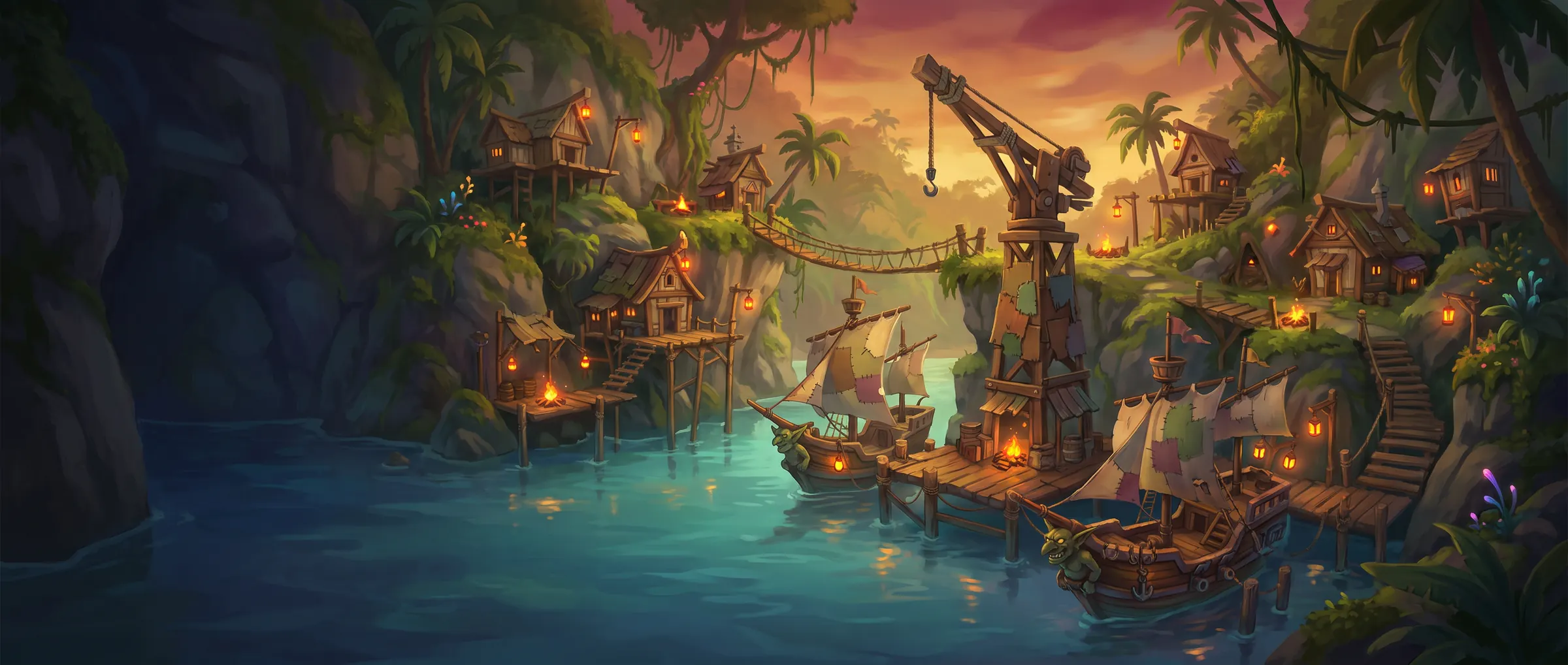 A goblin pirate port in a jungle cove at dusk, lanterns lit, ships moored at the docks