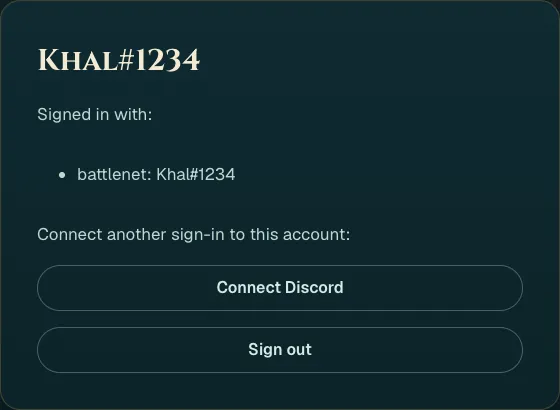 Your account page, signed in with Battle.net only, with a Connect Discord button under Connect another sign-in to this account
