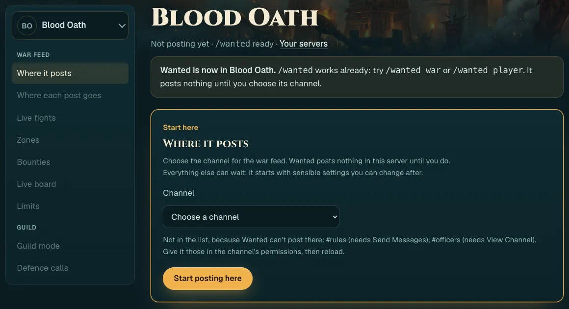 A server's dashboard just after adding Wanted: a note that Wanted is now in the server, and the Where it posts card with a channel dropdown and a Start posting here button. The sidebar lists the settings sections.