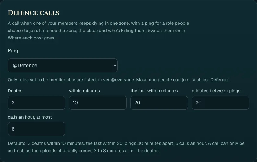 The Defence calls card: the ping role set to @Defence, and the numbers for deaths, minutes, the gap between pings and calls an hour