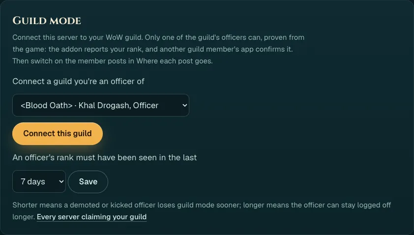 The Guild mode card before connecting: a dropdown showing the guild Blood Oath, the character Khal Drogash and the rank Officer, and a Connect this guild button