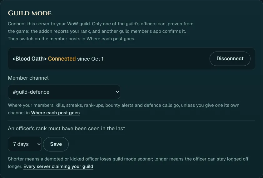 The Guild mode card: the guild Blood Oath connected, a Disconnect button, the member channel set to #guild-defence, and how recently an officer's rank must have been seen
