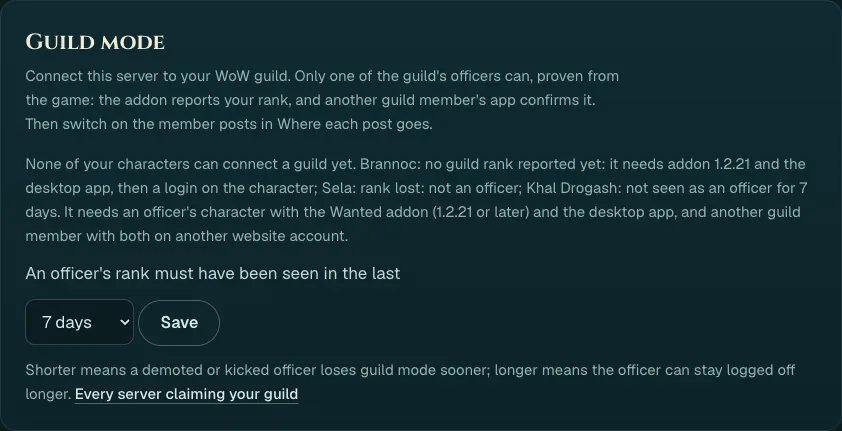 The Guild mode card when no character can connect: each character with the reason, such as no guild rank reported yet, rank lost: not an officer, and not seen as an officer for 7 days