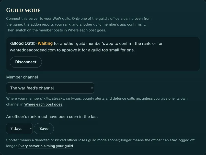 The Guild mode card after connecting: Blood Oath marked Waiting for another guild member's app to confirm the rank, with a Disconnect button and the member channel dropdown