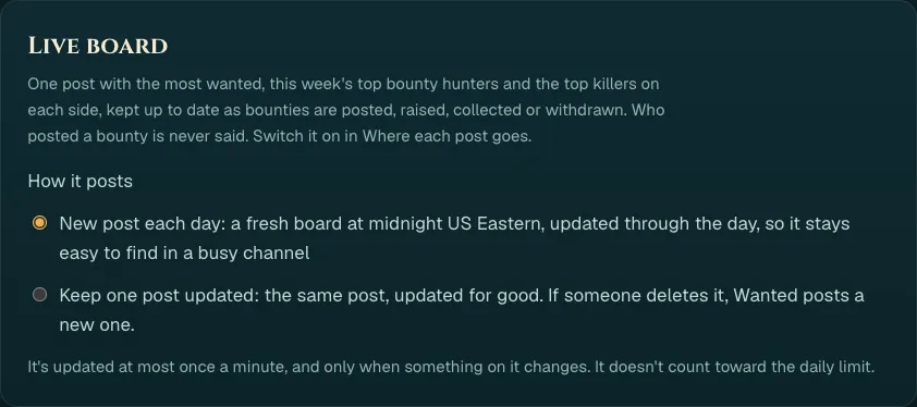 The Live board card: a choice between a new post each day and keeping one post updated