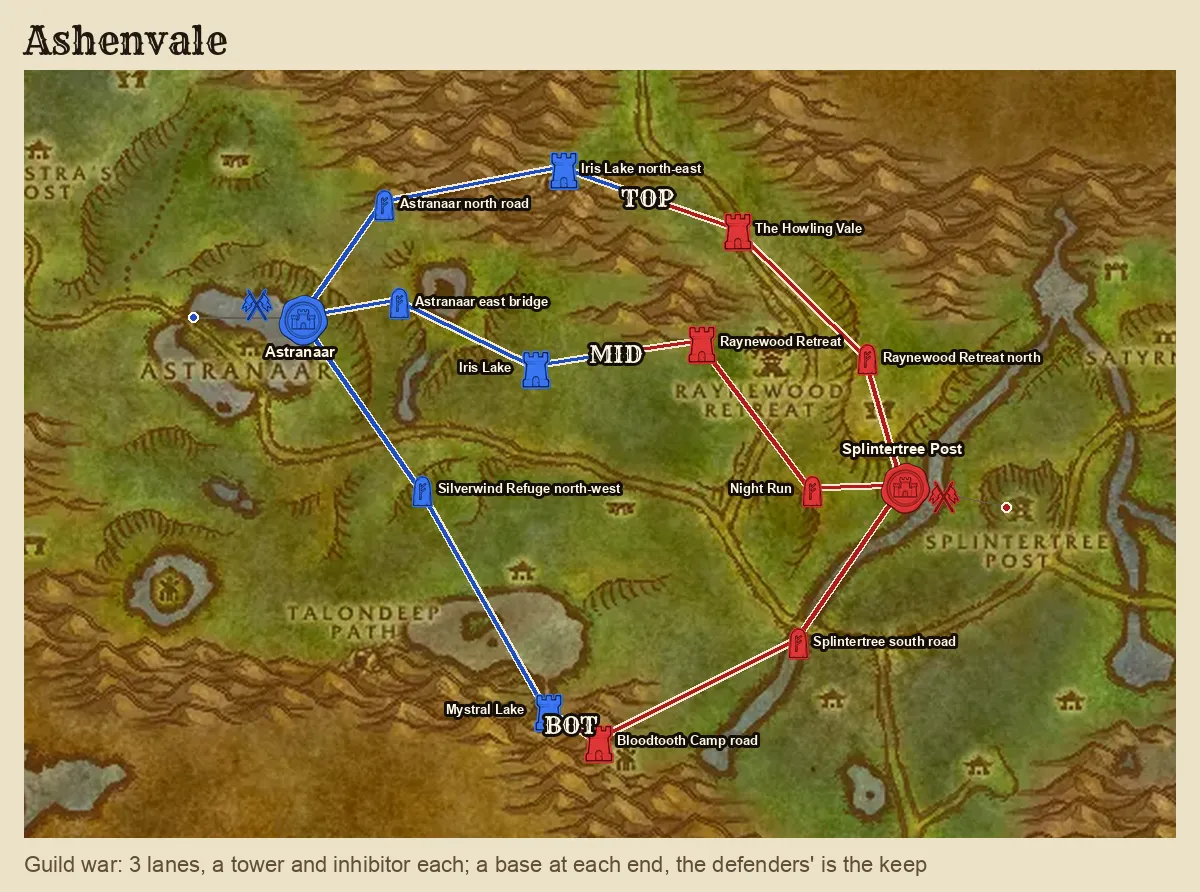 Ashenvale with both sides' pieces: three lanes between Splintertree Post and Astranaar