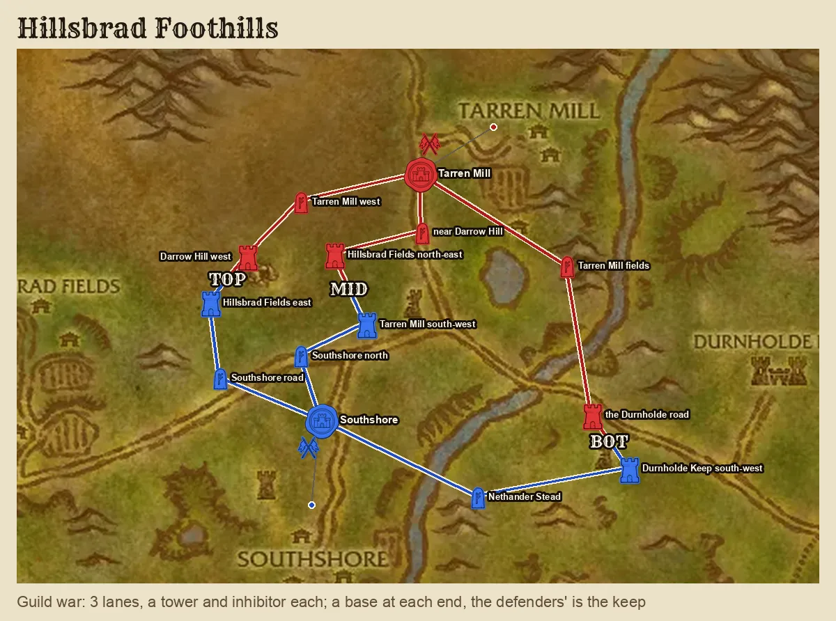 Hillsbrad Foothills with both sides' pieces: three lanes between Tarren Mill and Southshore